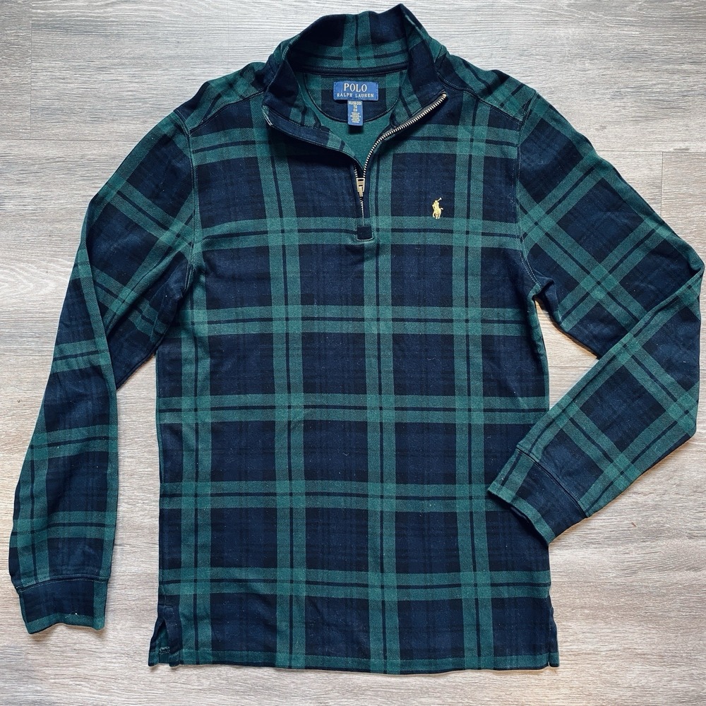 Polo Ralph Lauren Boys XL (18-20) Green Tartan Plaid Fleece Quarter-Zip Pullover